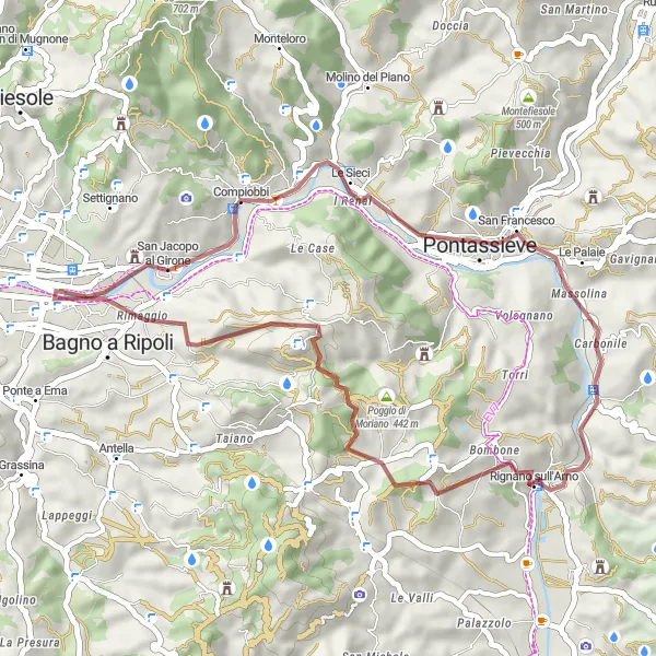 Kartminiatyr av "Eventyrlystne Gravel Cycling Route til Vicchio di Rimaggio" sykkelinspirasjon i Toscana, Italy. Generert av Tarmacs.app sykkelrutoplanlegger
