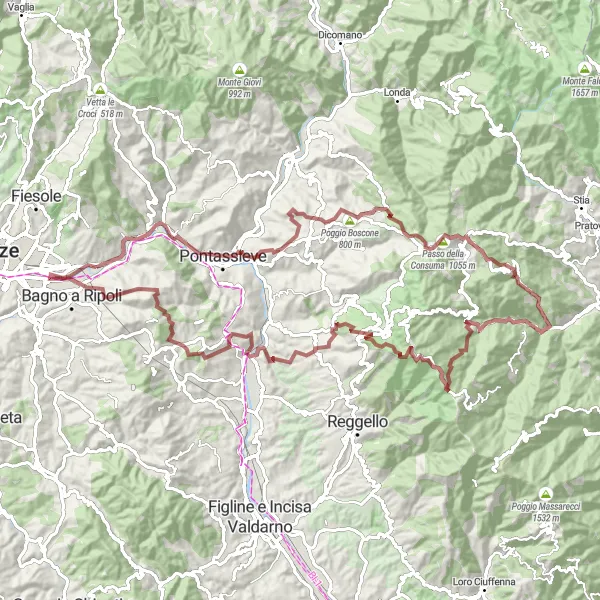 Karttaminiaatyyri "Compiobbi-Passo della Consuma-Rifiglio-Varco di Reggello-Poggio alle Ghirlande-San Clemente-Poggio Balestrieri-Nave a Rovezzano" pyöräilyinspiraatiosta alueella Toscana, Italy. Luotu Tarmacs.app pyöräilyreittisuunnittelijalla