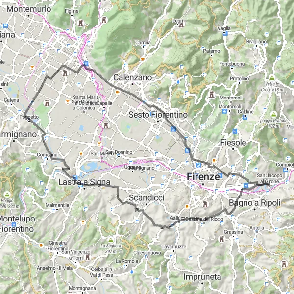 Miniatua del mapa de inspiración ciclista "Ruta de ciclismo por carretera a San Jacopo al Girone" en Toscana, Italy. Generado por Tarmacs.app planificador de rutas ciclistas