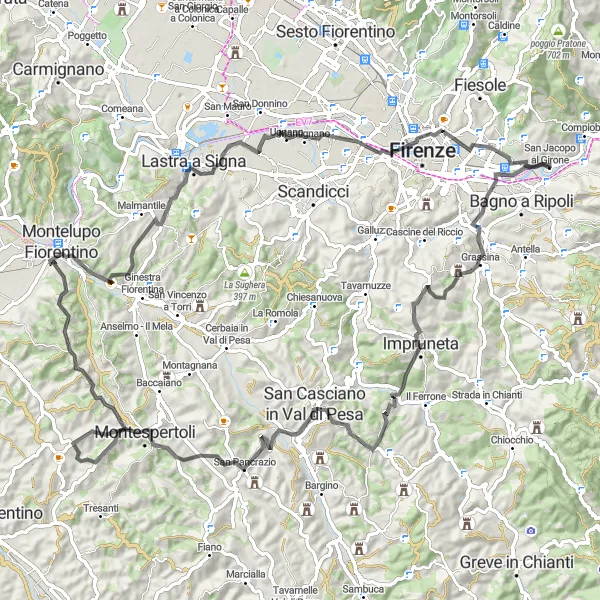 Miniaturekort af cykelinspirationen "Road Cycling Adventure near San Jacopo al Girone" i Toscana, Italy. Genereret af Tarmacs.app cykelruteplanlægger