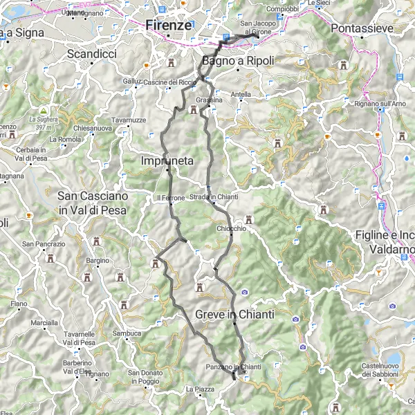 Miniature de la carte de l'inspiration cycliste "Chianti Road Cycling Tour" dans la Toscana, Italy. Générée par le planificateur d'itinéraire cycliste Tarmacs.app