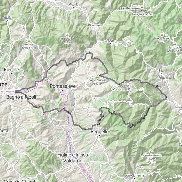 Miniatua del mapa de inspiración ciclista "Desafiante ruta de ciclismo por carretera a San Jacopo al Girone" en Toscana, Italy. Generado por Tarmacs.app planificador de rutas ciclistas