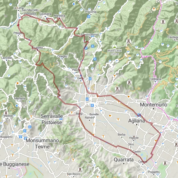 Map miniature of "Panoramic Gravel Route around San Marcello Pistoiese" cycling inspiration in Toscana, Italy. Generated by Tarmacs.app cycling route planner