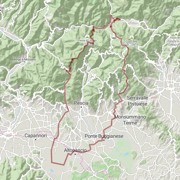 Zemljevid v pomanjšavi "Off-road avantura do Monte Battifolle" kolesarske inspiracije v Toscana, Italy. Generirano z načrtovalcem kolesarskih poti Tarmacs.app