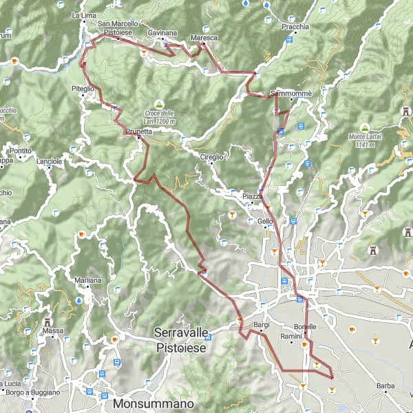 Kartminiatyr av "Grusvägsäventyr till Piteglio" cykelinspiration i Toscana, Italy. Genererad av Tarmacs.app cykelruttplanerare