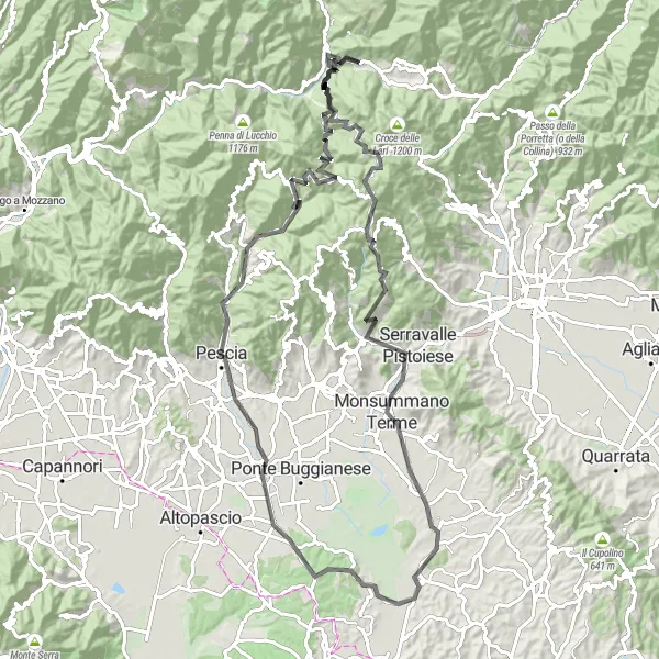 Map miniature of "Piteglio and Beyond" cycling inspiration in Toscana, Italy. Generated by Tarmacs.app cycling route planner