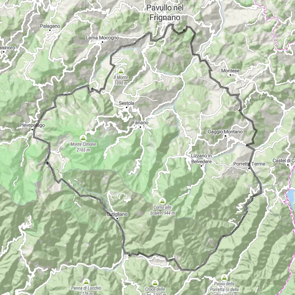 Miniatuurkaart van de fietsinspiratie "Monte Terminale and Monte della Croce Route" in Toscana, Italy. Gemaakt door de Tarmacs.app fietsrouteplanner