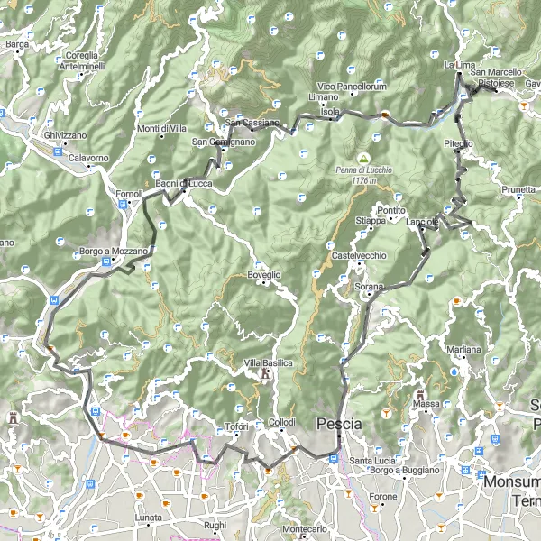 Kartminiatyr av "San Marcello Pistoiese til Torri di Popiglio Landevei Rundtur" sykkelinspirasjon i Toscana, Italy. Generert av Tarmacs.app sykkelrutoplanlegger