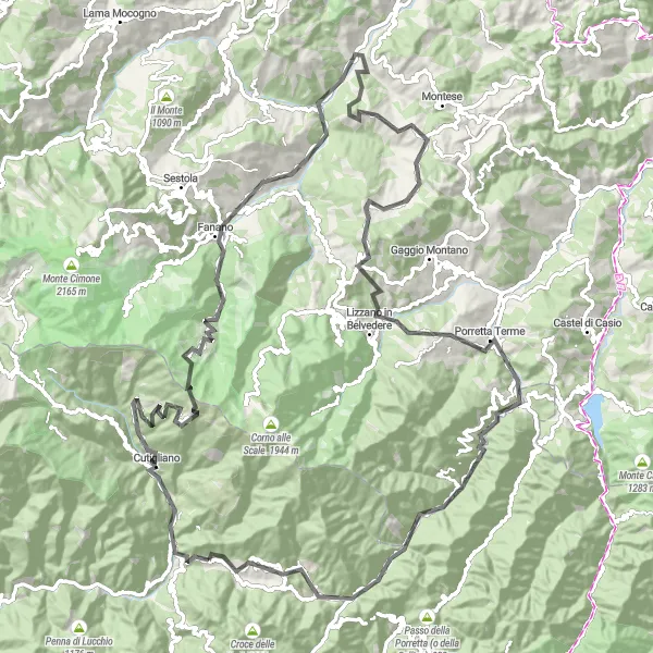Map miniature of "Endurance Road Cycling Tour through the Mountains" cycling inspiration in Toscana, Italy. Generated by Tarmacs.app cycling route planner