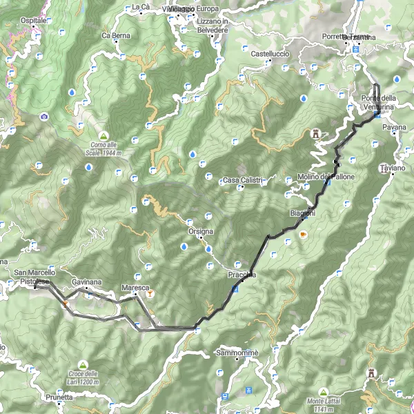 Zemljevid v pomanjšavi "Kolesarska pot okoli San Marcello Pistoiese" kolesarske inspiracije v Toscana, Italy. Generirano z načrtovalcem kolesarskih poti Tarmacs.app