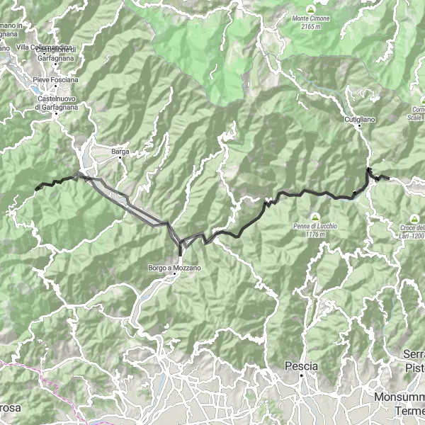 Kartminiatyr av "Utforskning av Appenninene" sykkelinspirasjon i Toscana, Italy. Generert av Tarmacs.app sykkelrutoplanlegger