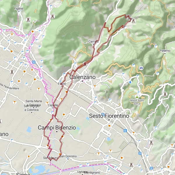 Karttaminiaatyyri "Maaseudun maastoreitti Poggio Nucchialesta San Mauron lähistöltä" pyöräilyinspiraatiosta alueella Toscana, Italy. Luotu Tarmacs.app pyöräilyreittisuunnittelijalla