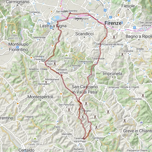 Miniatuurkaart van de fietsinspiratie "Grindpaden van Tavarnuzze naar San Donnino" in Toscana, Italy. Gemaakt door de Tarmacs.app fietsrouteplanner