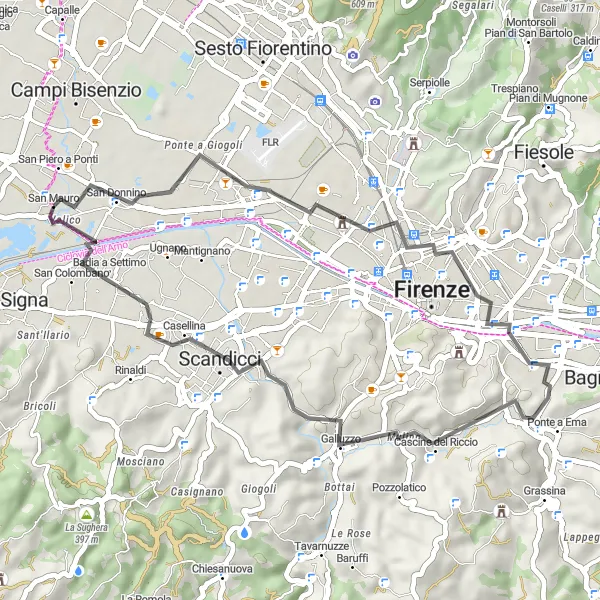 Miniatuurkaart van de fietsinspiratie "Wegroute vanuit San Mauro" in Toscana, Italy. Gemaakt door de Tarmacs.app fietsrouteplanner