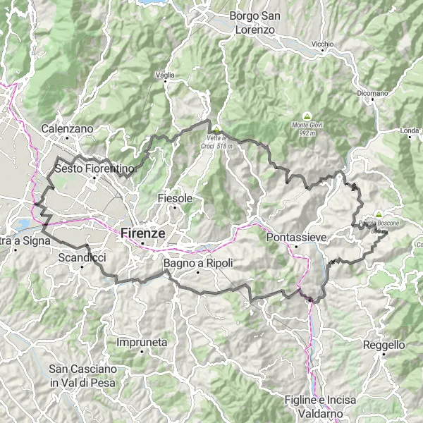 Map miniature of "Chianti Rufina Loop" cycling inspiration in Toscana, Italy. Generated by Tarmacs.app cycling route planner