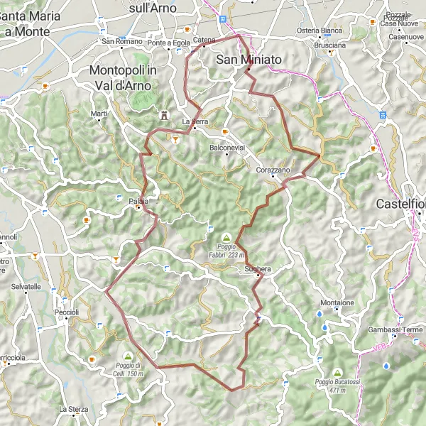 Kartminiatyr av "Äventyrlig grusväg runt San Miniato" cykelinspiration i Toscana, Italy. Genererad av Tarmacs.app cykelruttplanerare