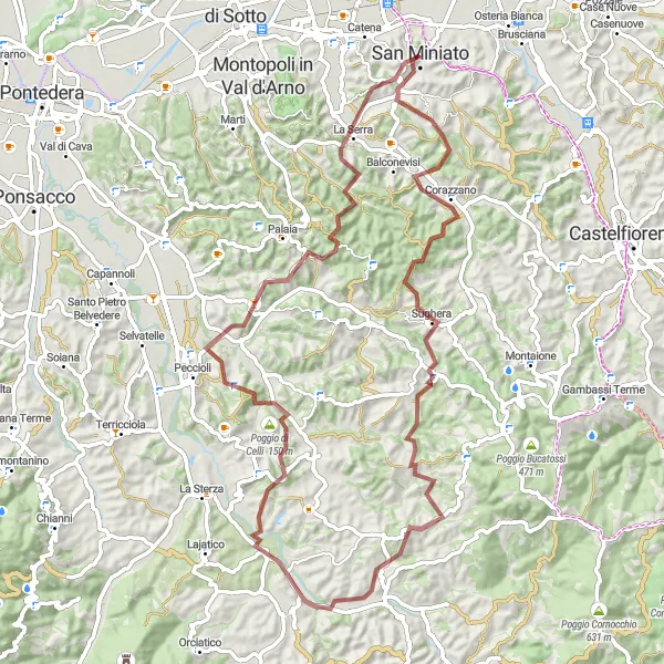 Miniature de la carte de l'inspiration cycliste "Le sentier de gravier de San Miniato" dans la Toscana, Italy. Générée par le planificateur d'itinéraire cycliste Tarmacs.app