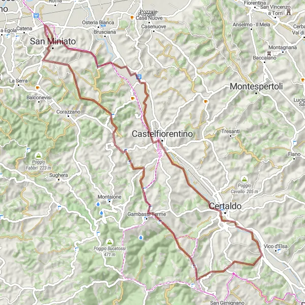 Miniaturekort af cykelinspirationen "Grusvej Cykeltur rundt om San Miniato" i Toscana, Italy. Genereret af Tarmacs.app cykelruteplanlægger