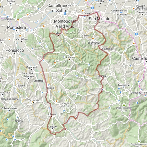 Map miniature of "Gravel Adventure through San Miniato" cycling inspiration in Toscana, Italy. Generated by Tarmacs.app cycling route planner