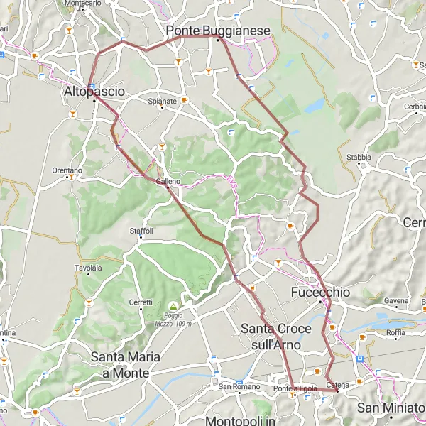 Map miniature of "Countryside Bliss: Exploring San Miniato on Gravel Bike" cycling inspiration in Toscana, Italy. Generated by Tarmacs.app cycling route planner