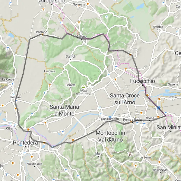 Zemljevid v pomanjšavi "Krožna cestna pot okoli San Miniata Basso" kolesarske inspiracije v Toscana, Italy. Generirano z načrtovalcem kolesarskih poti Tarmacs.app