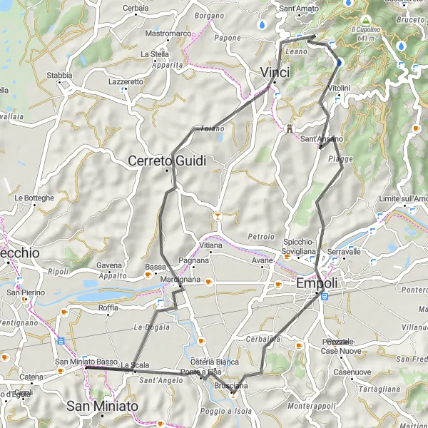 Miniaturekort af cykelinspirationen "Kort landevejscykelrute nær San Miniato" i Toscana, Italy. Genereret af Tarmacs.app cykelruteplanlægger