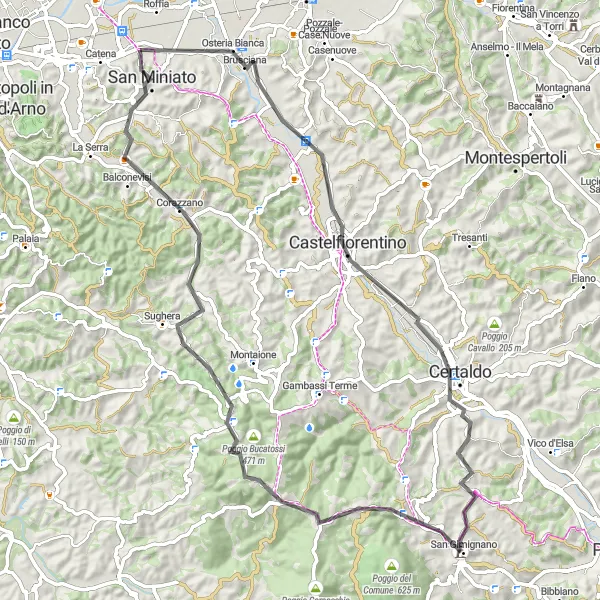 Miniaturní mapa "Road Kolem San Gimignana" inspirace pro cyklisty v oblasti Toscana, Italy. Vytvořeno pomocí plánovače tras Tarmacs.app