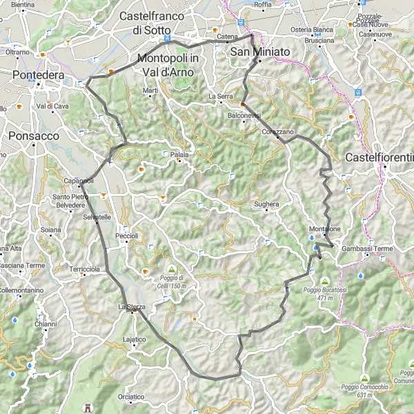Zemljevid v pomanjšavi "Toskanska cestna pustolovščina" kolesarske inspiracije v Toscana, Italy. Generirano z načrtovalcem kolesarskih poti Tarmacs.app