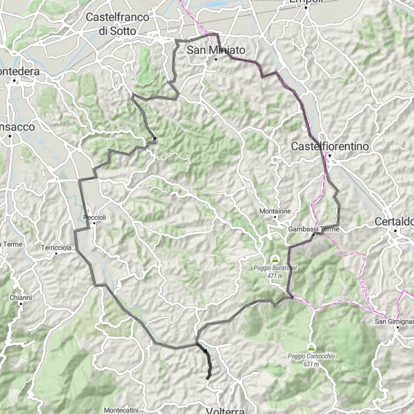 Miniature de la carte de l'inspiration cycliste "Les Trésors Cachés de la Toscane" dans la Toscana, Italy. Générée par le planificateur d'itinéraire cycliste Tarmacs.app