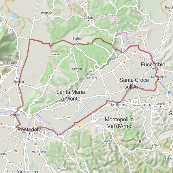 Kartminiatyr av "Grusvag cykeltur till San Donato och Ponte a Cappiano" cykelinspiration i Toscana, Italy. Genererad av Tarmacs.app cykelruttplanerare