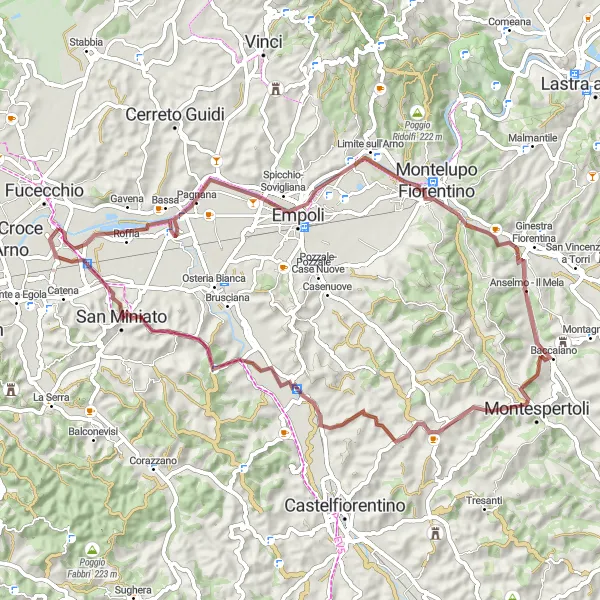 Map miniature of "Challenging Gravel Escape in Toccana" cycling inspiration in Toscana, Italy. Generated by Tarmacs.app cycling route planner