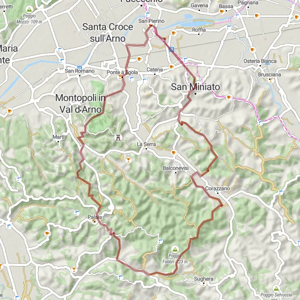 Miniaturekort af cykelinspirationen "Grusvejstur til Cusignano" i Toscana, Italy. Genereret af Tarmacs.app cykelruteplanlægger