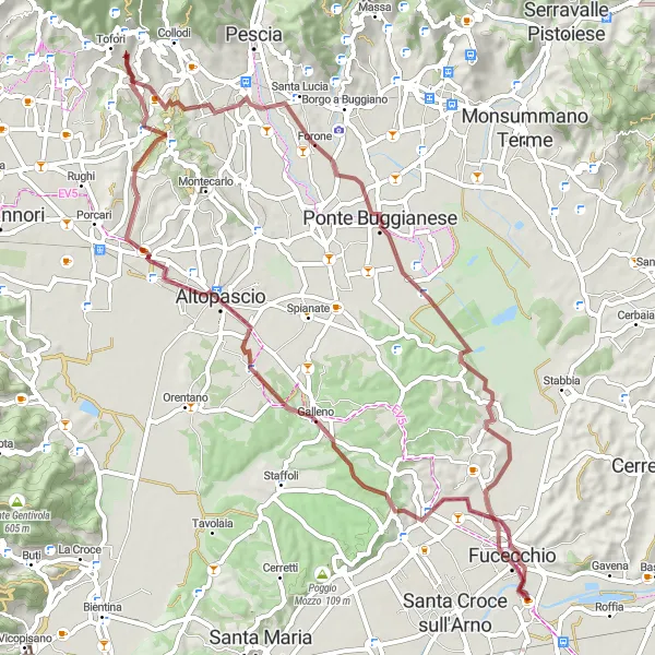 Miniaturní mapa "Gravelová cesta kolem San Pierino" inspirace pro cyklisty v oblasti Toscana, Italy. Vytvořeno pomocí plánovače tras Tarmacs.app