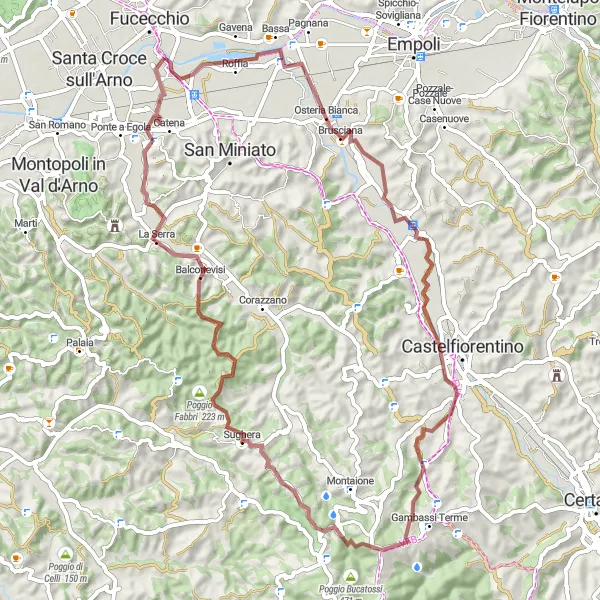 Miniatura della mappa di ispirazione al ciclismo "Giro in Gravel tra Monti e Borghi" nella regione di Toscana, Italy. Generata da Tarmacs.app, pianificatore di rotte ciclistiche