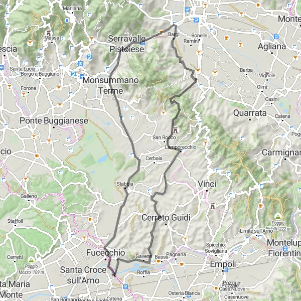 Miniatura della mappa di ispirazione al ciclismo "Giro in bicicletta da San Pierino a Cerreto Guidi" nella regione di Toscana, Italy. Generata da Tarmacs.app, pianificatore di rotte ciclistiche
