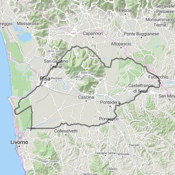 Miniature de la carte de l'inspiration cycliste "Tour à vélo de route à travers les villages toscans" dans la Toscana, Italy. Générée par le planificateur d'itinéraire cycliste Tarmacs.app