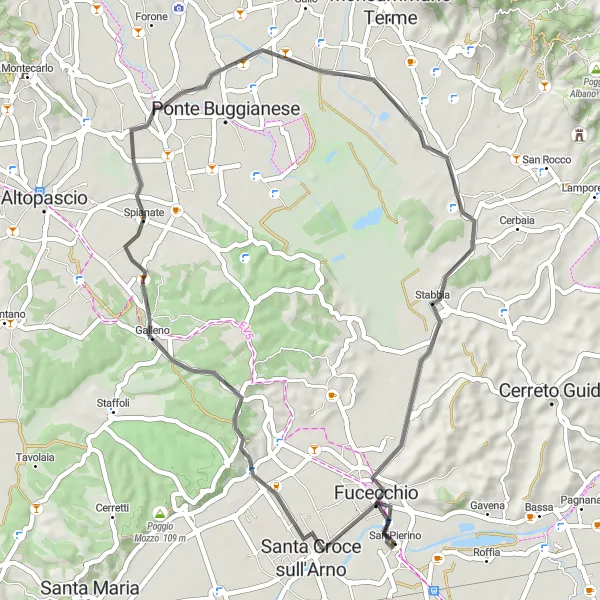 Map miniature of "Galleno and Castello di Salamarzana Road Cycling" cycling inspiration in Toscana, Italy. Generated by Tarmacs.app cycling route planner