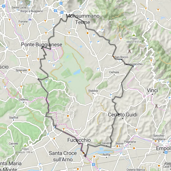 Mapa miniatúra "Cestná trasa cez Ponte Buggianese" cyklistická inšpirácia v Toscana, Italy. Vygenerované cyklistickým plánovačom trás Tarmacs.app