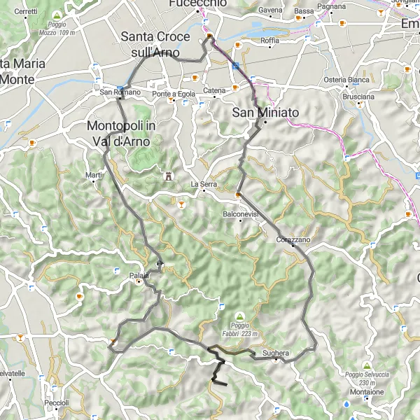 Map miniature of "The Hills of Corazzano and Rocca di Palaia Road Cycling" cycling inspiration in Toscana, Italy. Generated by Tarmacs.app cycling route planner