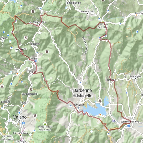 Kartminiatyr av "Äventyr i Mugellos Grusvägar" cykelinspiration i Toscana, Italy. Genererad av Tarmacs.app cykelruttplanerare