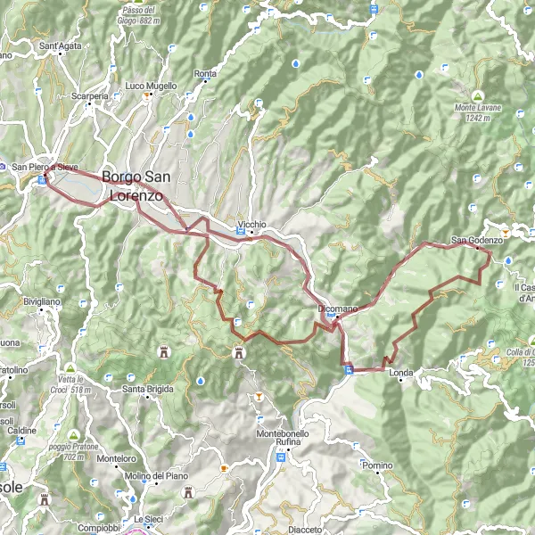 Mapa miniatúra "Gravelový okruh přes Dicomano" cyklistická inšpirácia v Toscana, Italy. Vygenerované cyklistickým plánovačom trás Tarmacs.app