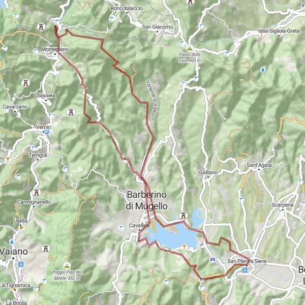 Mapa miniatúra "Gravelová cyklotrasa okolo San Piero a Sieve" cyklistická inšpirácia v Toscana, Italy. Vygenerované cyklistickým plánovačom trás Tarmacs.app