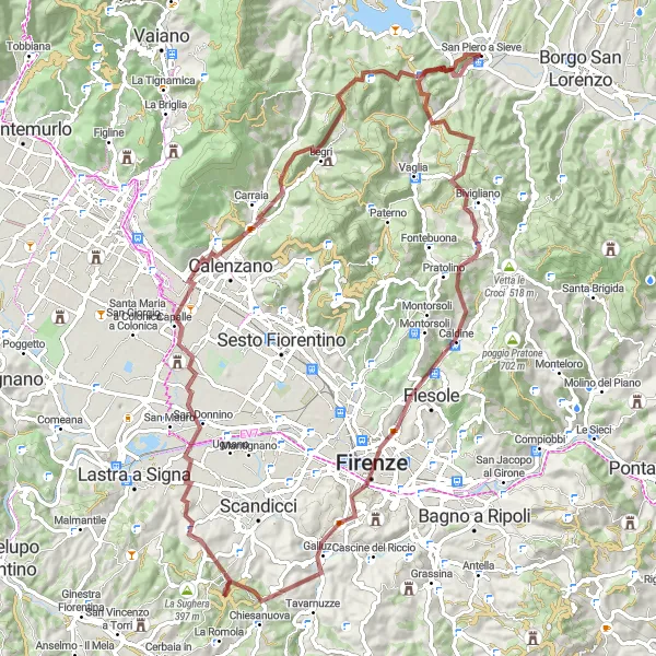 Map miniature of "Exploring the Scenic Countryside near San Piero a Sieve" cycling inspiration in Toscana, Italy. Generated by Tarmacs.app cycling route planner