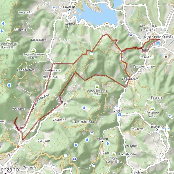 Miniatua del mapa de inspiración ciclista "Explorando los caminos de San Piero a Sieve" en Toscana, Italy. Generado por Tarmacs.app planificador de rutas ciclistas