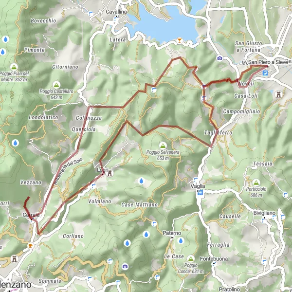 Kartminiatyr av "Grusvägar i Mugello" cykelinspiration i Toscana, Italy. Genererad av Tarmacs.app cykelruttplanerare