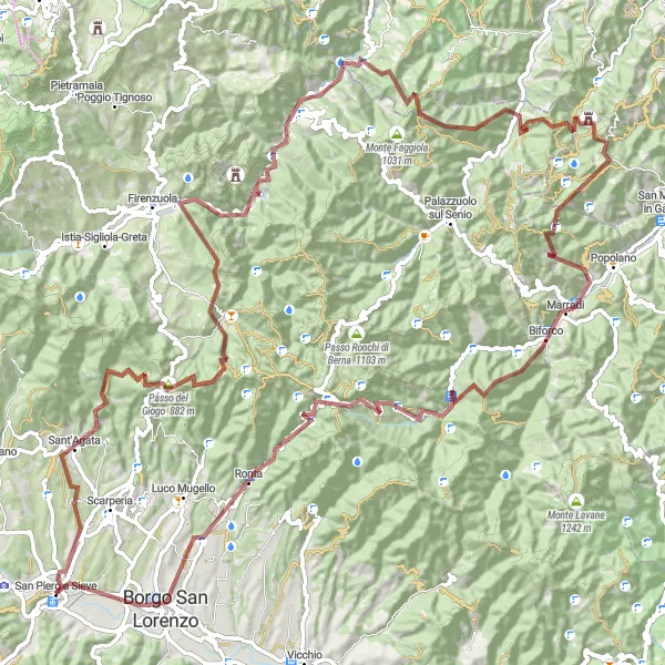 Miniatura della mappa di ispirazione al ciclismo "Gravel Tour del Mugello" nella regione di Toscana, Italy. Generata da Tarmacs.app, pianificatore di rotte ciclistiche