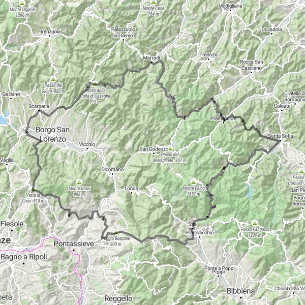 Mapa miniatúra "Cyklotúra okolo San Piero a Sieve" cyklistická inšpirácia v Toscana, Italy. Vygenerované cyklistickým plánovačom trás Tarmacs.app