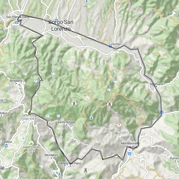 Map miniature of "Discovering the Countryside Roads near San Piero a Sieve" cycling inspiration in Toscana, Italy. Generated by Tarmacs.app cycling route planner