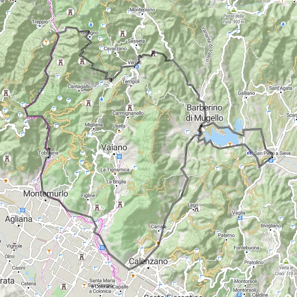 Mapa miniatúra "Cyklocesta kolem Villa medicea di Cafaggiolo" cyklistická inšpirácia v Toscana, Italy. Vygenerované cyklistickým plánovačom trás Tarmacs.app