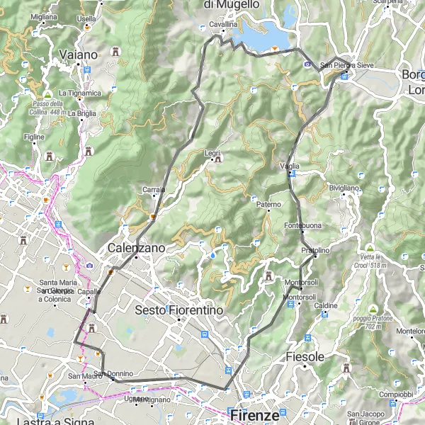 Miniaturní mapa "Road cyklostezka přes Vaglia a Campi Bisenzio" inspirace pro cyklisty v oblasti Toscana, Italy. Vytvořeno pomocí plánovače tras Tarmacs.app
